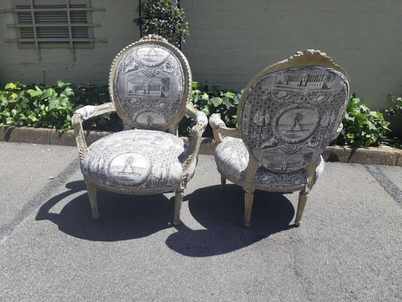 Pair of French Style Carved Armchairs, Light Natural Colour in (upholstered Imported Linen and Co...