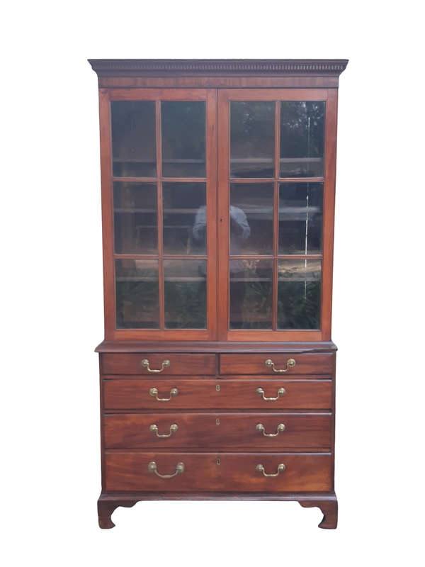A Georgian Mahogany Bookcase on Chest with Slide-in Shelves & Original Brass Hardware on Bracket ...