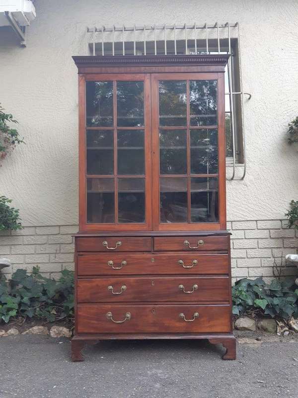 A Georgian Mahogany Bookcase on Chest with Slide-in Shelves & Original Brass Hardware on Bracket ...