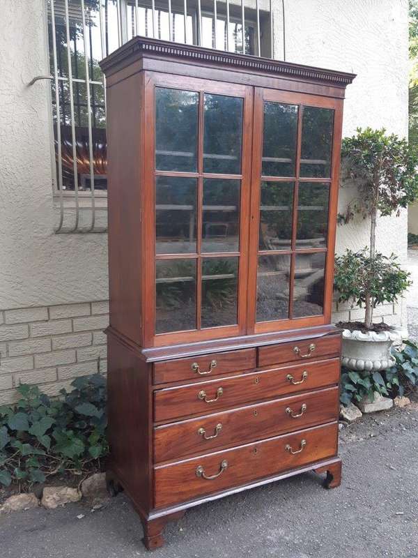 A Georgian Mahogany Bookcase on Chest with Slide-in Shelves & Original Brass Hardware on Bracket ...