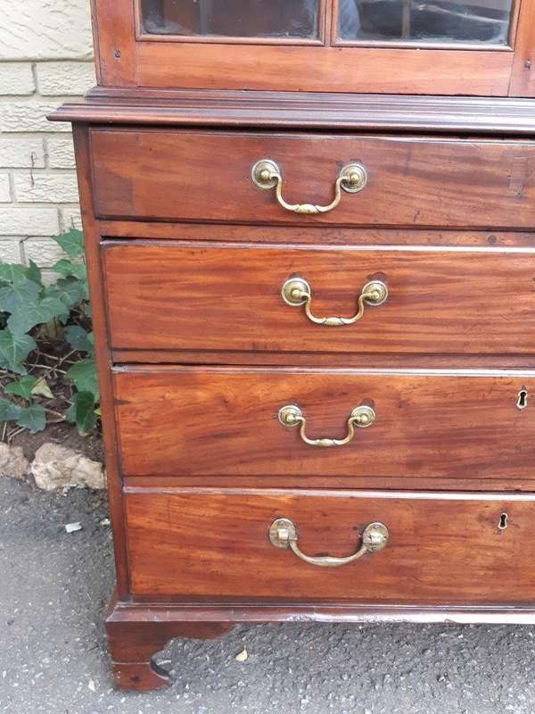 A Georgian Mahogany Bookcase on Chest with Slide-in Shelves & Original Brass Hardware on Bracket ...