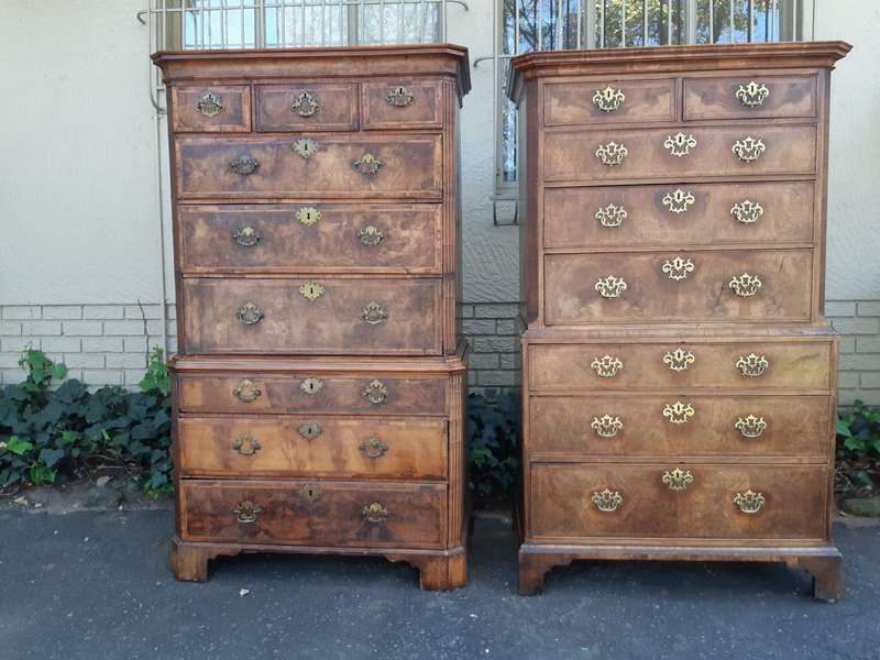 A NEAR PAIR of George III Burr walnut chest-on-chests