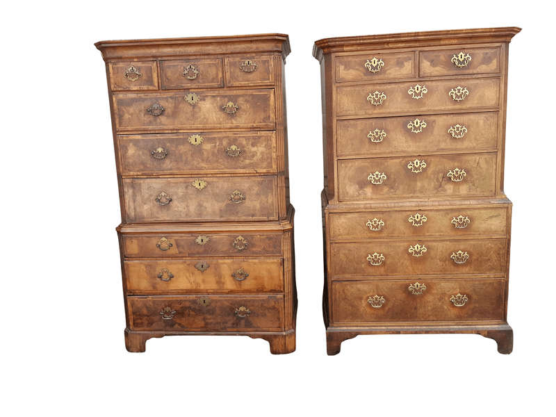 A NEAR PAIR of George III Burr walnut chest-on-chests