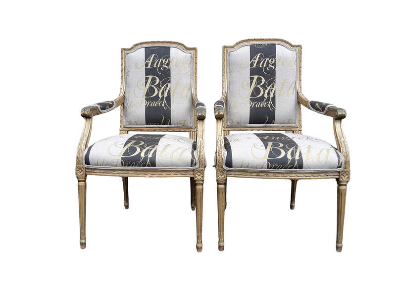 A Fine Pair of Antique / Vintage French Style Gilded Armchairs Upholstered in a Hand-painted Fabric