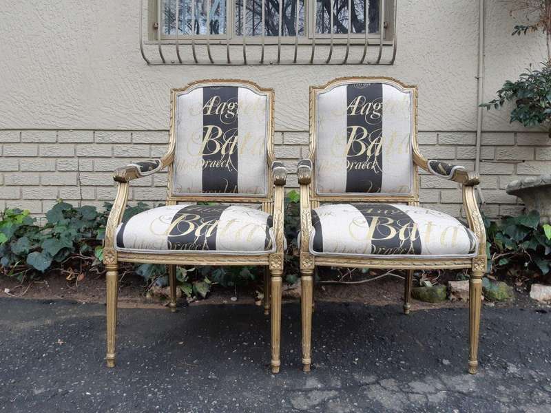 A Fine Pair of Antique / Vintage French Style Gilded Armchairs Upholstered in a Hand-painted Fabric