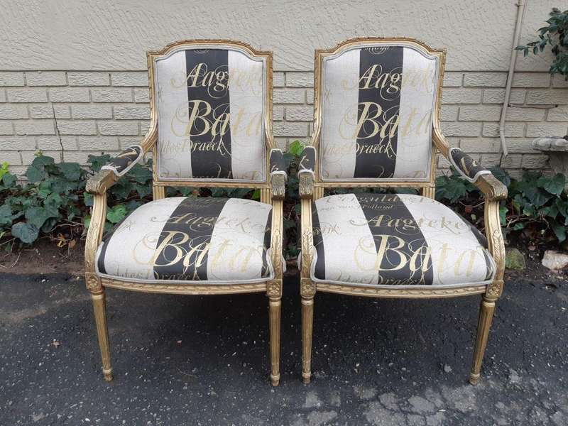 A Fine Pair of Antique / Vintage French Style Gilded Armchairs Upholstered in a Hand-painted Fabric