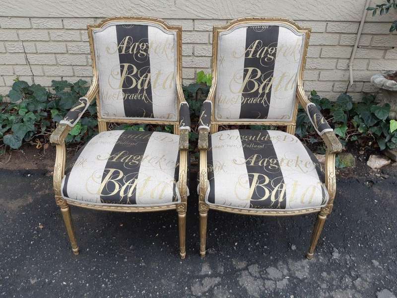 A Fine Pair of Antique / Vintage French Style Gilded Armchairs Upholstered in a Hand-painted Fabric