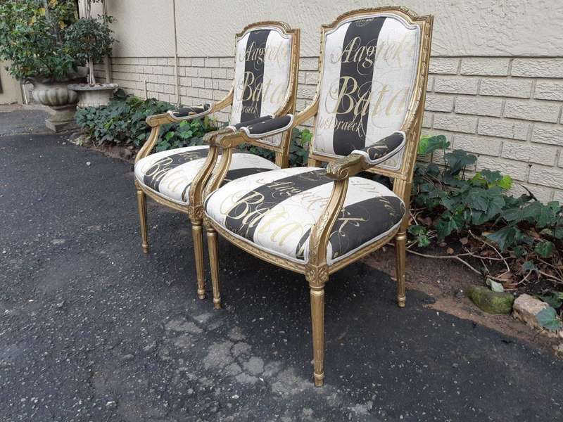 A Fine Pair of Antique / Vintage French Style Gilded Armchairs Upholstered in a Hand-painted Fabric