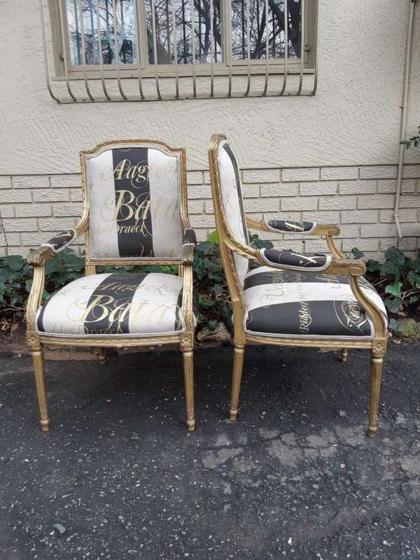 A Fine Pair of Antique / Vintage French Style Gilded Armchairs Upholstered in a Hand-painted Fabric