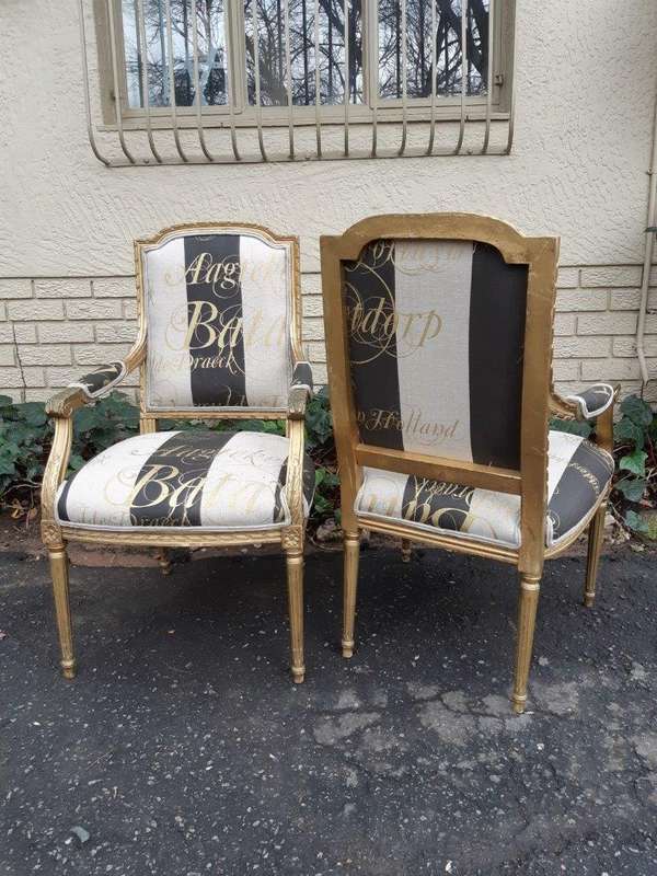 A Fine Pair of Antique / Vintage French Style Gilded Armchairs Upholstered in a Hand-painted Fabric