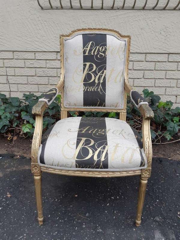 A Fine Pair of Antique / Vintage French Style Gilded Armchairs Upholstered in a Hand-painted Fabric