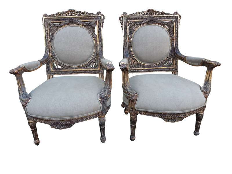 A 20th Century Pair (over 80 years old) of French Style Ornately Carved and Gilded Arm Chairs Uph...