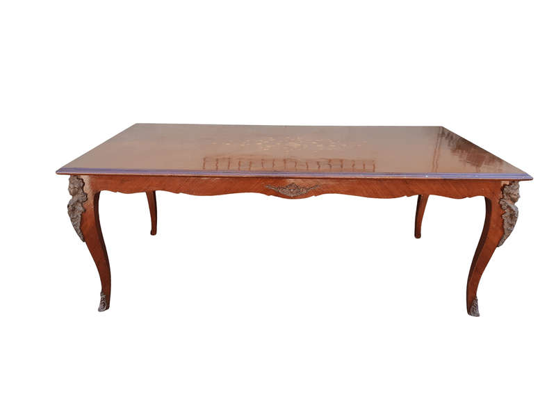 A Mid 20th Century French Mahogany Dining Table with Inlay and Brass Ormolu Mounts (8 Seater)