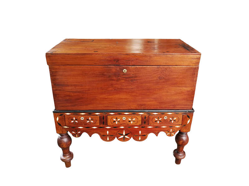 An Anglo Indian Burmese Teak Chest on Stand with Ebony Inlay. Circa 1880