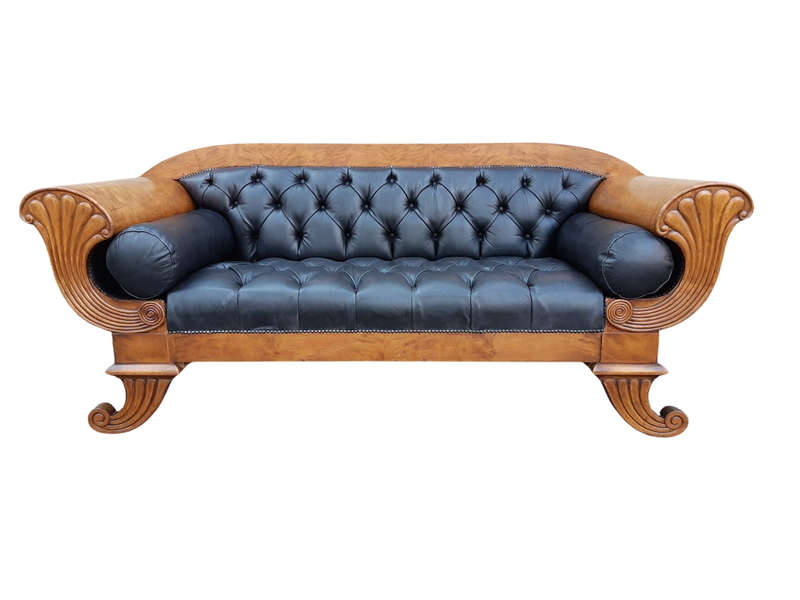 A Biedermeier Settee Covered in Leather and Deep Buttoned Circa Early 20th Century