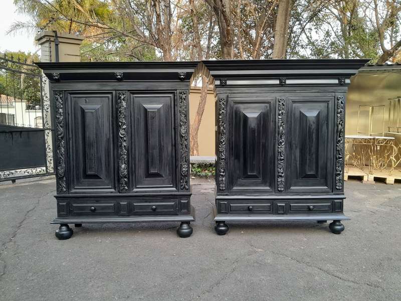 A Mid 20th Century Near Pair of Dutch Oak Kussenkasts On Bun Feet In a Contemporary Ebonised Fini...