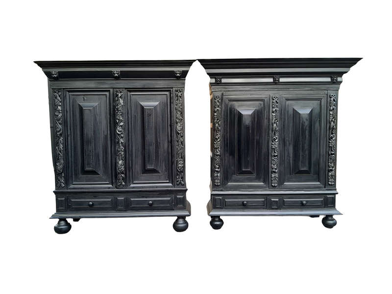 A Mid 20th Century Near Pair of Dutch Oak Kussenkasts On Bun Feet In a Contemporary Ebonised Fini...