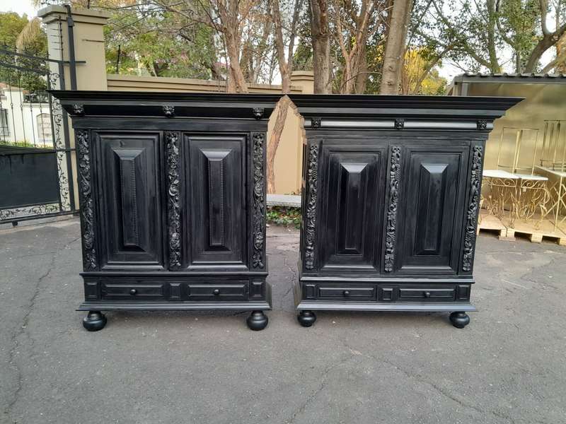 A Mid 20th Century Near Pair of Dutch Oak Kussenkasts On Bun Feet In a Contemporary Ebonised Fini...