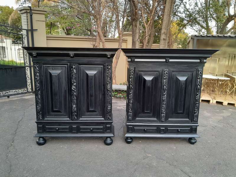 A Mid 20th Century Near Pair of Dutch Oak Kussenkasts On Bun Feet In a Contemporary Ebonised Fini...