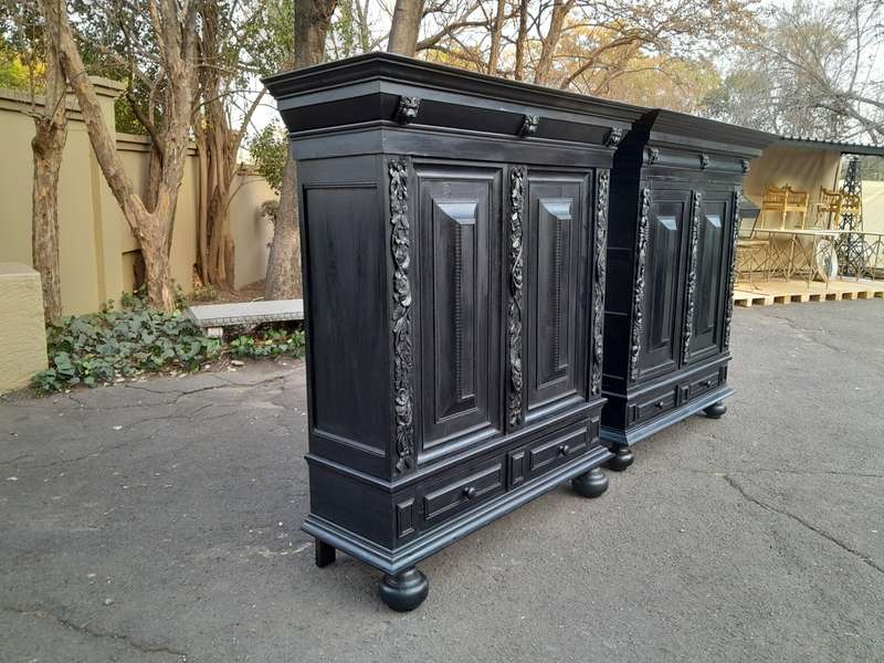 A Mid 20th Century Near Pair of Dutch Oak Kussenkasts On Bun Feet In a Contemporary Ebonised Fini...