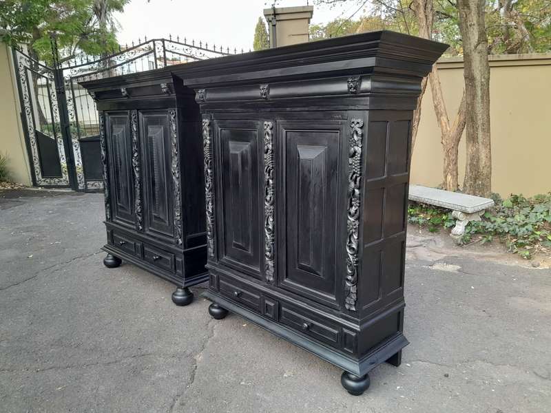 A Mid 20th Century Near Pair of Dutch Oak Kussenkasts On Bun Feet In a Contemporary Ebonised Fini...