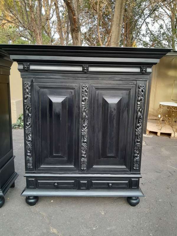A Mid 20th Century Near Pair of Dutch Oak Kussenkasts On Bun Feet In a Contemporary Ebonised Fini...