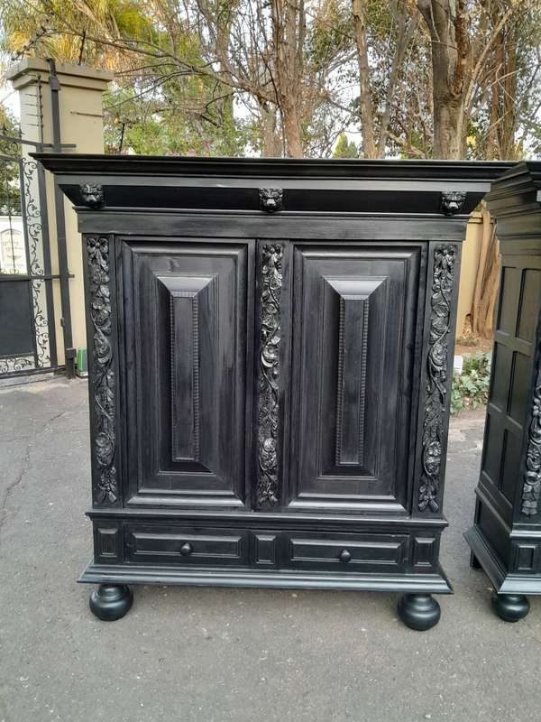 A Mid 20th Century Near Pair of Dutch Oak Kussenkasts On Bun Feet In a Contemporary Ebonised Fini...