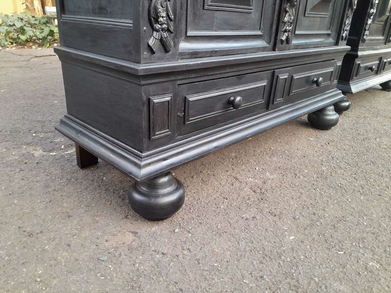 A Mid 20th Century Near Pair of Dutch Oak Kussenkasts On Bun Feet In a Contemporary Ebonised Fini...