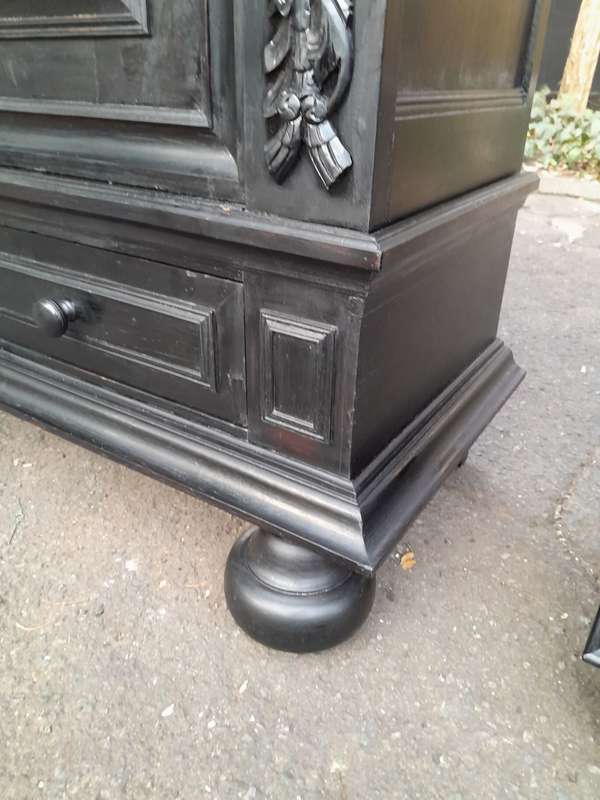 A Mid 20th Century Near Pair of Dutch Oak Kussenkasts On Bun Feet In a Contemporary Ebonised Fini...
