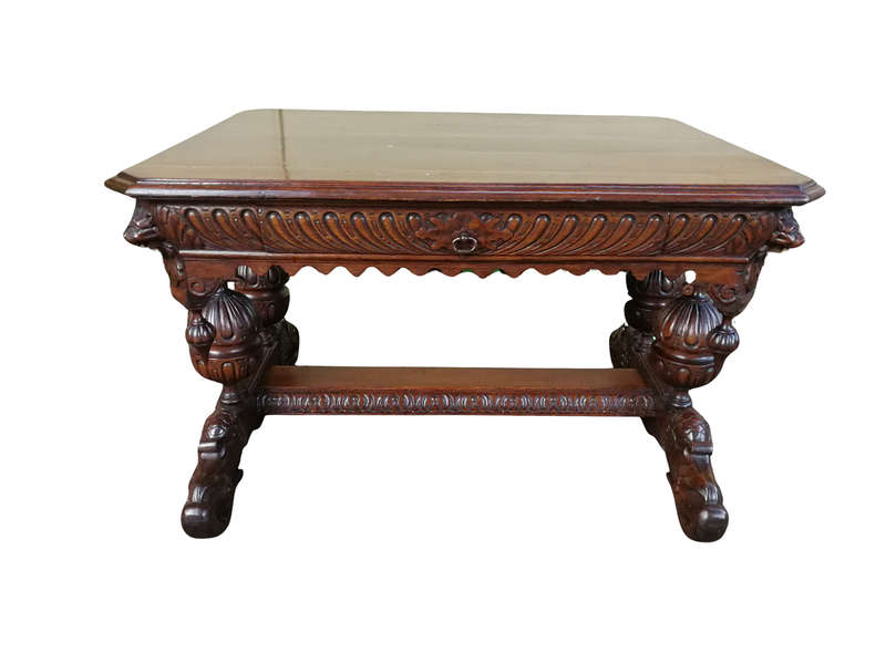 A 19th Century Circa 1879 French Dauphine/Dolphin Carved Oak Desk or Library/DrinksTable with Drawer