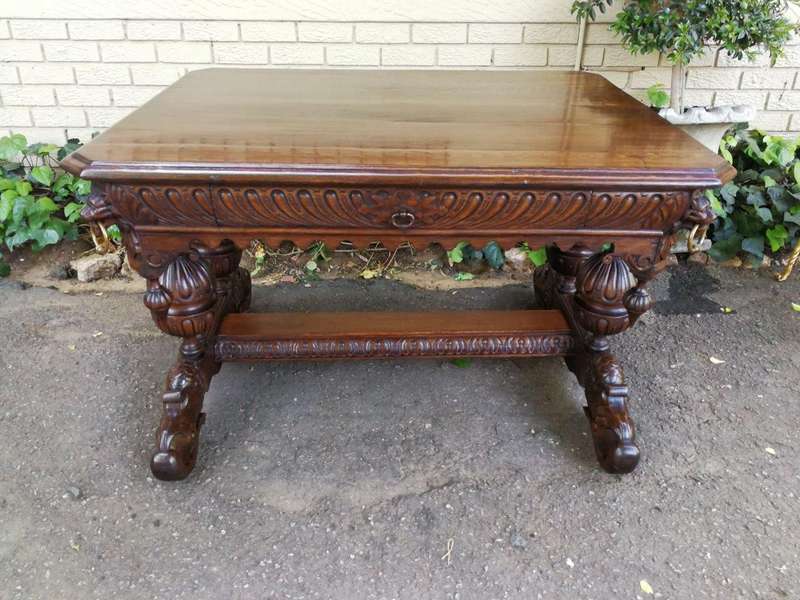 A 19th Century Circa 1879 French Dauphine/Dolphin Carved Oak Desk or Library/DrinksTable with Drawer