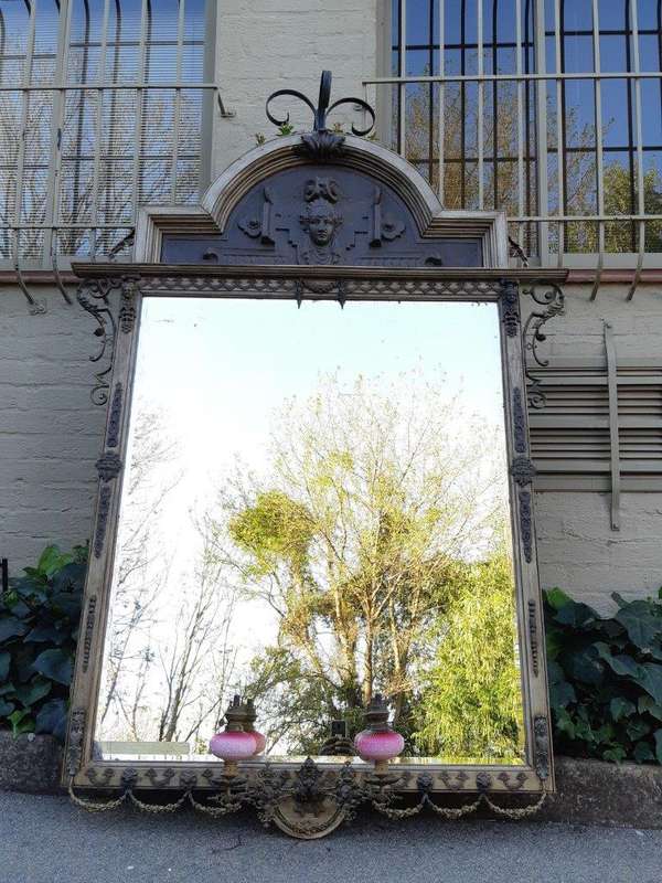 Victorian Gilded Mirror  Wooden Mirror with a Brass Rim and Oil Lamps.  Circa Mid/Late 1800s