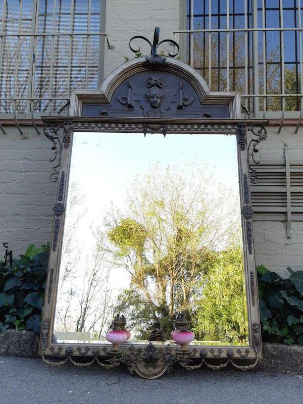 Victorian Gilded Mirror  Wooden Mirror with a Brass Rim and Oil Lamps.  Circa Mid/Late 1800s