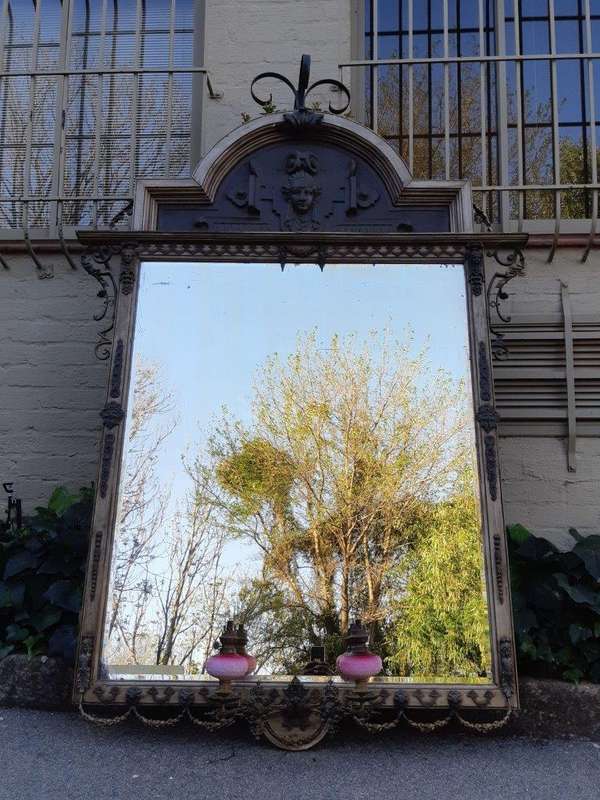 Victorian Gilded Mirror  Wooden Mirror with a Brass Rim and Oil Lamps.  Circa Mid/Late 1800s