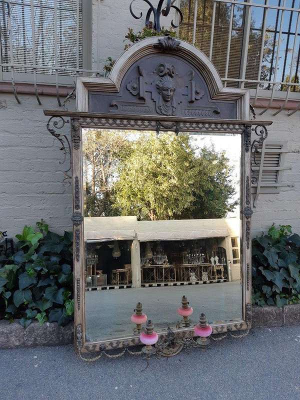 Victorian Gilded Mirror  Wooden Mirror with a Brass Rim and Oil Lamps.  Circa Mid/Late 1800s