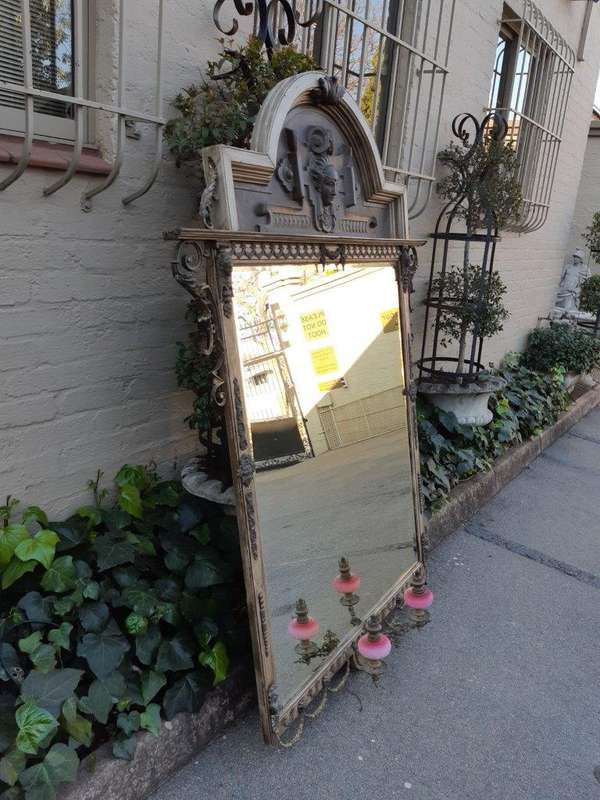 Victorian Gilded Mirror  Wooden Mirror with a Brass Rim and Oil Lamps.  Circa Mid/Late 1800s