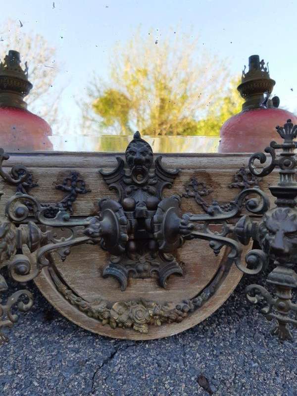 Victorian Gilded Mirror  Wooden Mirror with a Brass Rim and Oil Lamps.  Circa Mid/Late 1800s