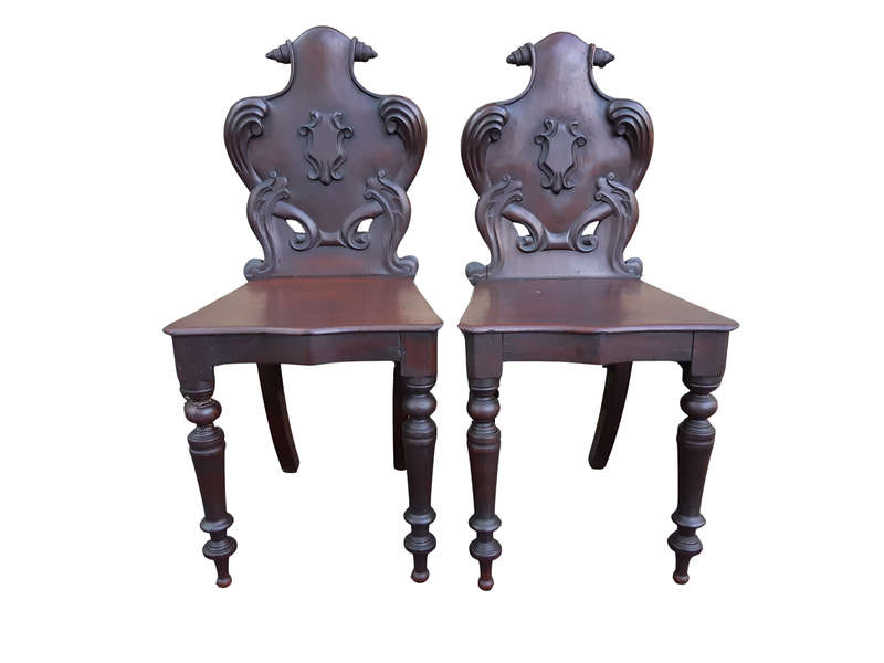 An Antique Pair Of Victorian Mahogany Oakwood Cartouche Back Chairs / Hall Chairs