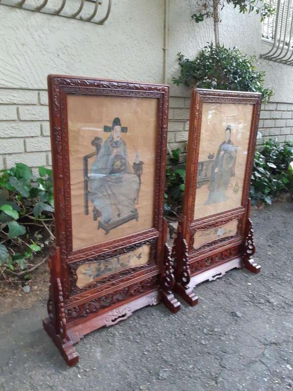 A Rare Pair of Late 19th Century Chinese Portraits on Silk in Chinese Wooden Carved Standing Frames