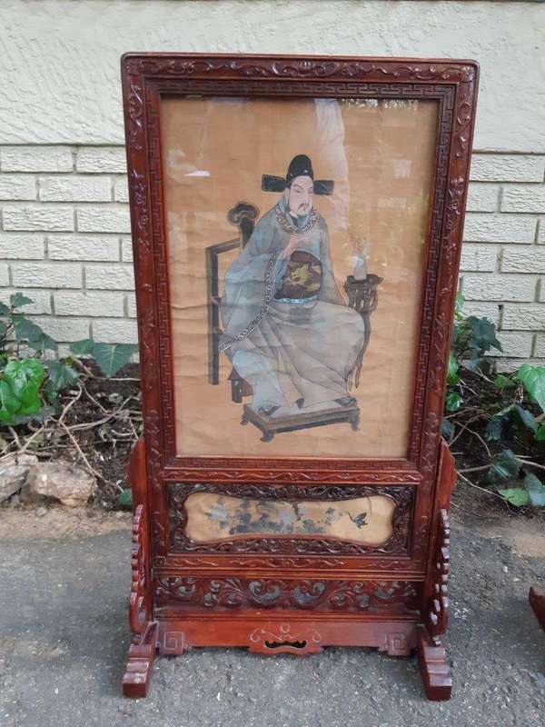 A Rare Pair of Late 19th Century Chinese Portraits on Silk in Chinese Wooden Carved Standing Frames