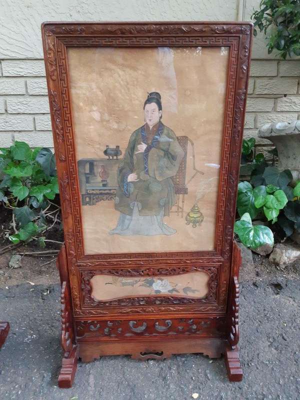 A Rare Pair of Late 19th Century Chinese Portraits on Silk in Chinese Wooden Carved Standing Frames