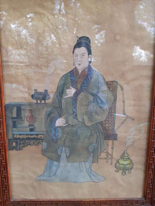 A Rare Pair of Late 19th Century Chinese Portraits on Silk in Chinese Wooden Carved Standing Frames