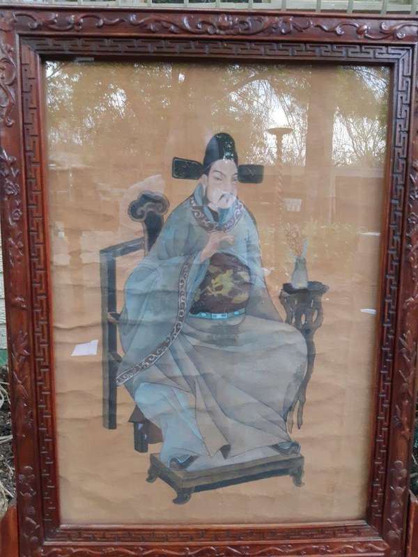 A Rare Pair of Late 19th Century Chinese Portraits on Silk in Chinese Wooden Carved Standing Frames