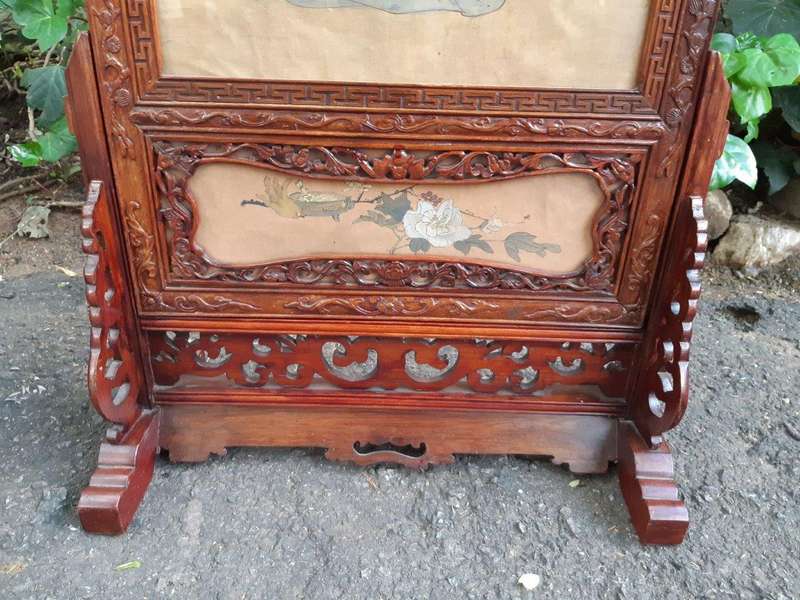 A Rare Pair of Late 19th Century Chinese Portraits on Silk in Chinese Wooden Carved Standing Frames