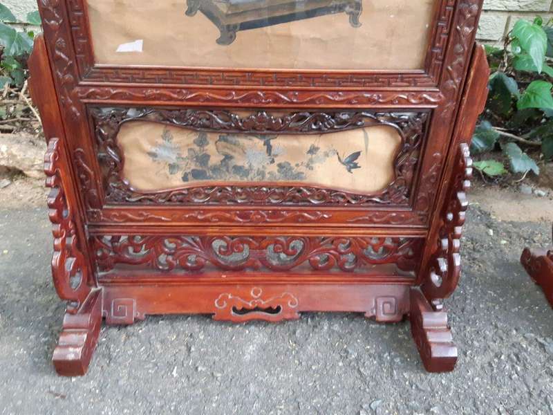 A Rare Pair of Late 19th Century Chinese Portraits on Silk in Chinese Wooden Carved Standing Frames