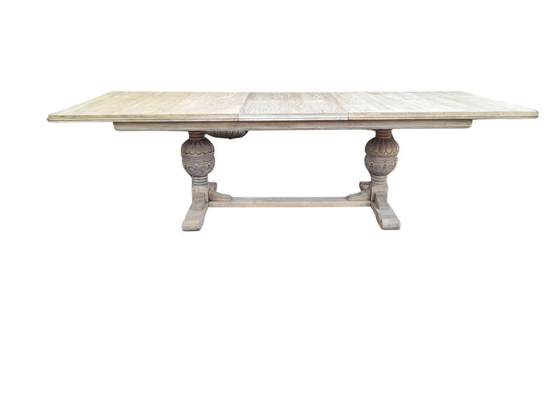 A 20th Century French Style Carved Oak Dining / Refectory Draw Leaf Table in a Contemporary Bleac...