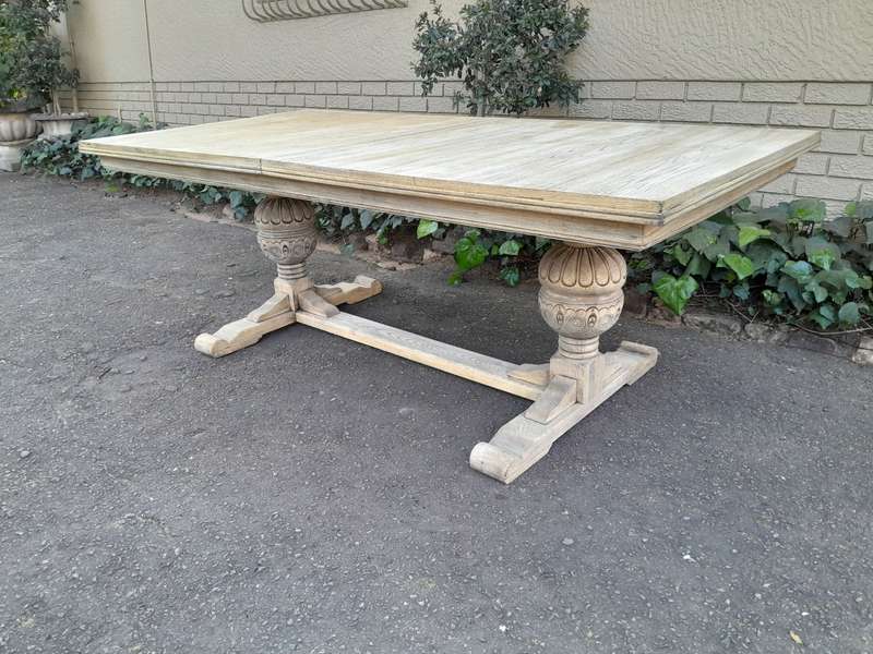 A 20th Century French Style Carved Oak Dining / Refectory Draw Leaf Table in a Contemporary Bleac...