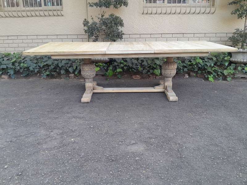 A 20th Century French Style Carved Oak Dining / Refectory Draw Leaf Table in a Contemporary Bleac...