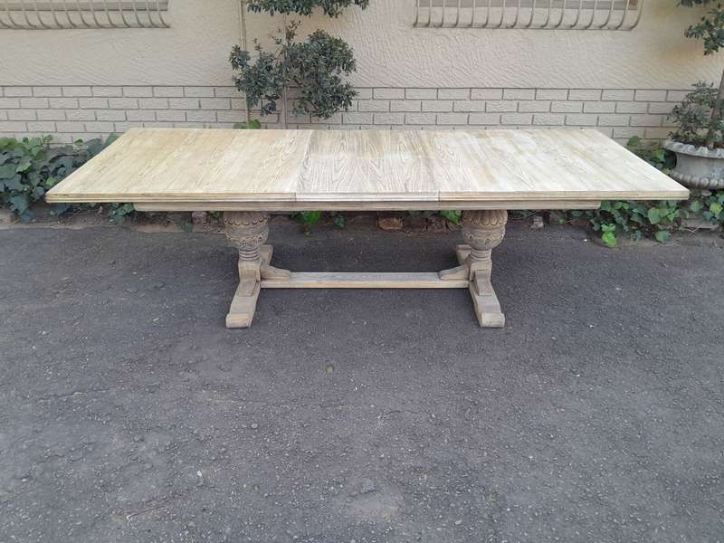 A 20th Century French Style Carved Oak Dining / Refectory Draw Leaf Table in a Contemporary Bleac...