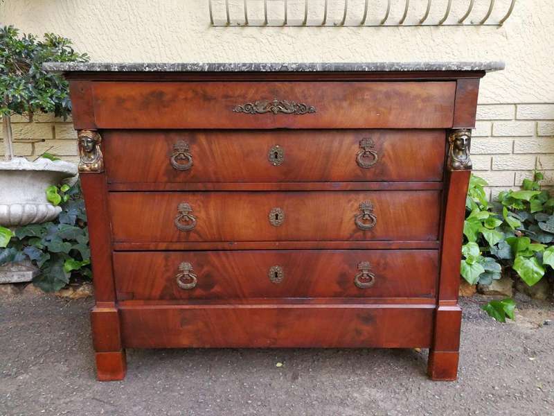 Rare Original French Empire Walnut Commode With Fossil Marble Top And Gilt Bronze Mountings, Orig...